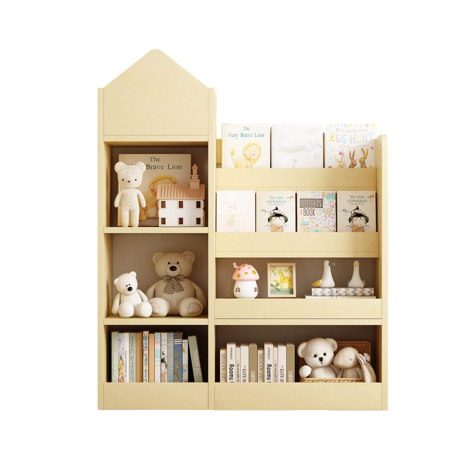 Kids Wooden Bookshelf Toy Storage Organizer - Wood with toys and books on a white background
