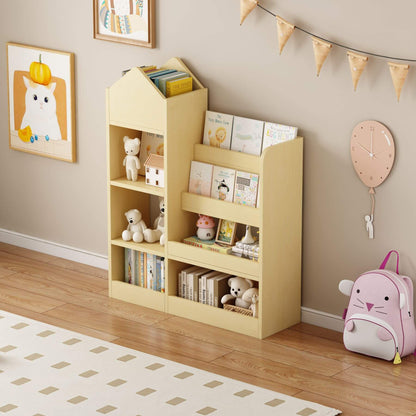Kids Wooden Bookshelf Toy Storage Organizer - Wood with books and toys in a room with a clock and backpack.