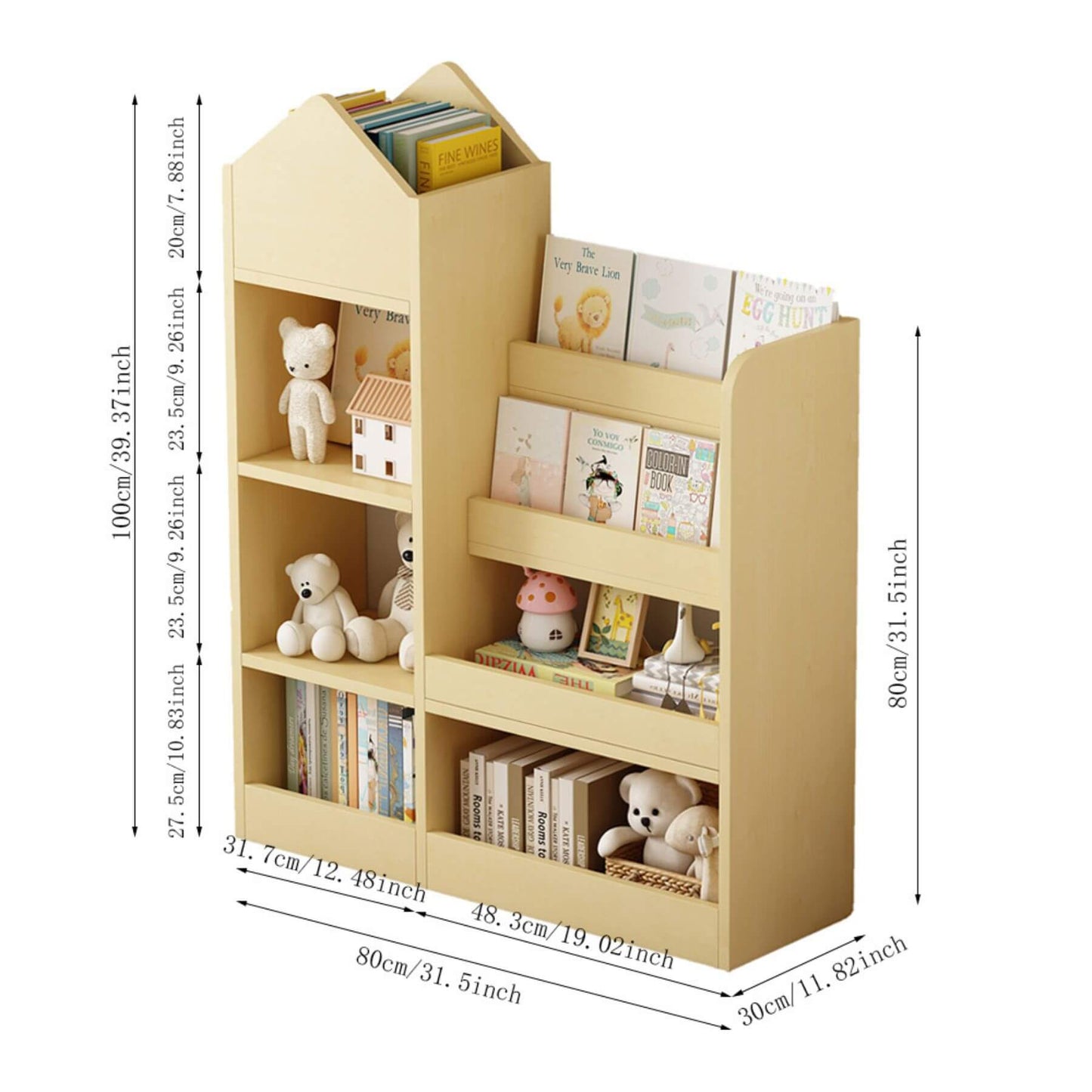 Kids Wooden Bookshelf Toy Storage Organizer - Wood with toys and books, showing dimensions on a white background
