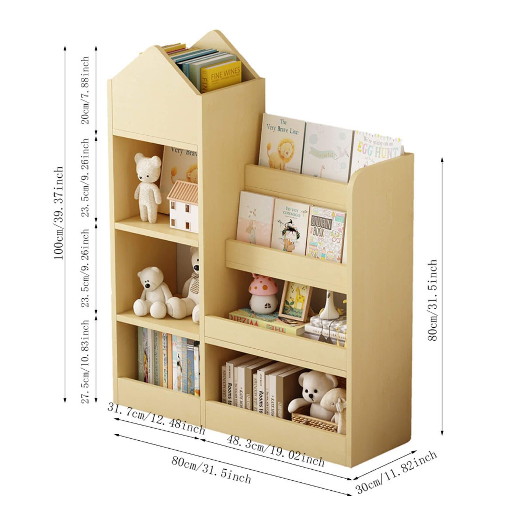 Kids Wooden Bookshelf Toy Storage Organizer - Wood with toys and books, showing dimensions on a white background