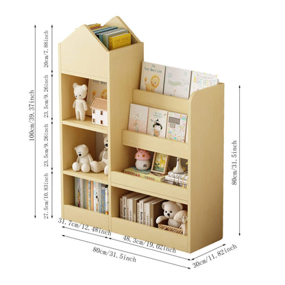 Kids Wooden Bookshelf Toy Storage Organizer - Wood with toys and books, showing dimensions on a white background