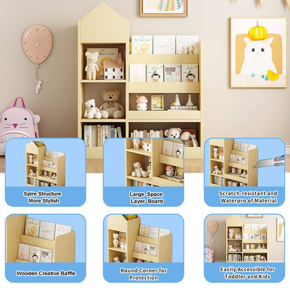 Kids Wooden Bookshelf Toy Storage Organizer - Wood with teddy bears and books in a room setting, highlighting features like spire structure, large space, scratch-resistant material, wooden baffle, round corners, and accessibility.