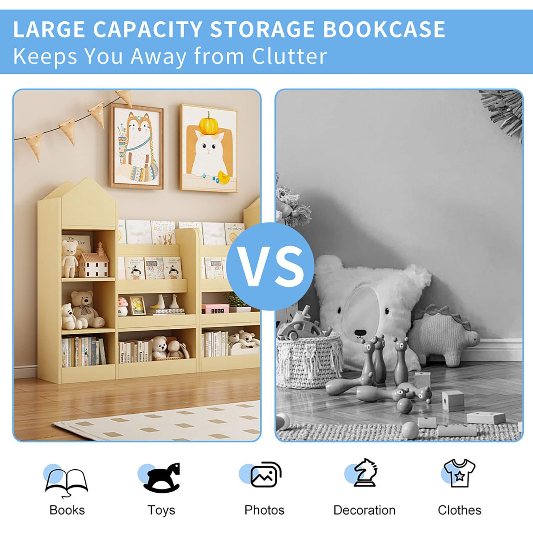 Kids Wooden Bookshelf Toy Storage Organizer - Wood with a before-and-after comparison of a cluttered room.
