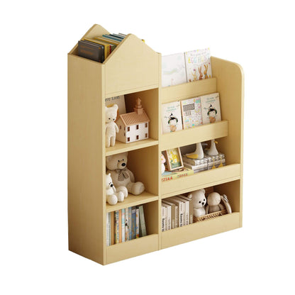 Kids Wooden Bookshelf Toy Storage Organizer - Wood with toys and books on a white background
