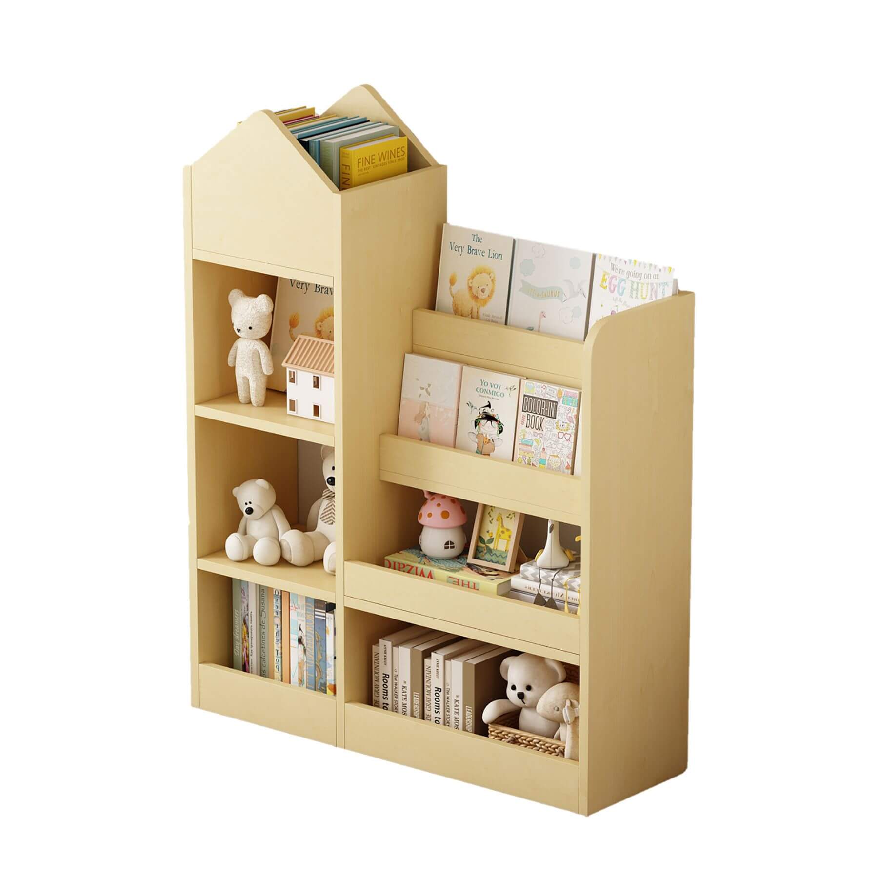 Kids Wooden Bookshelf Toy Storage Organizer - Wood with toys and books on a white background