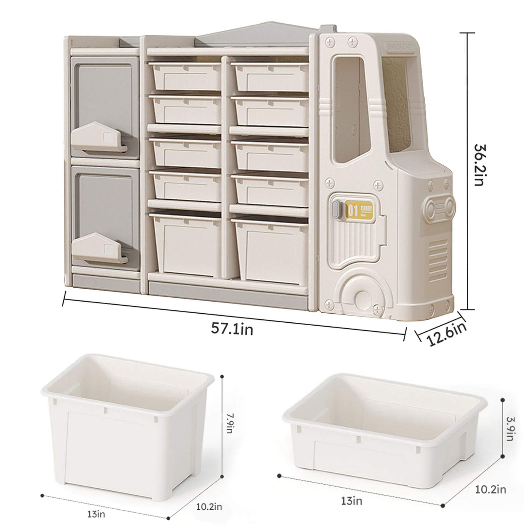 MONTARY Children’s Toy Storage Cabinet - Gray and dimensions displayed