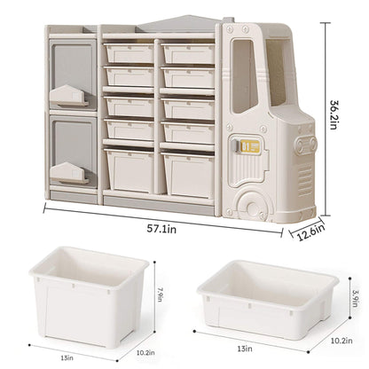 MONTARY Children’s Toy Storage Cabinet - Gray and dimensions displayed
