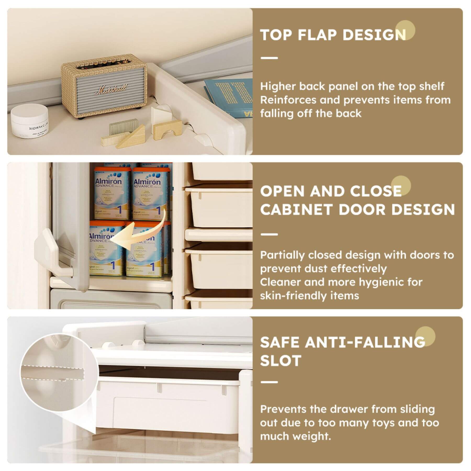 Cabinet organizer with features highlighted on a beige background