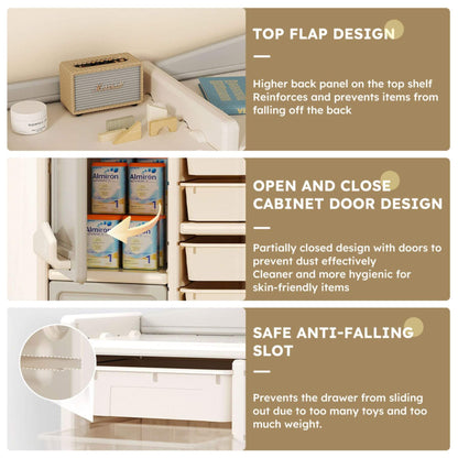 Cabinet organizer with features highlighted on a beige background