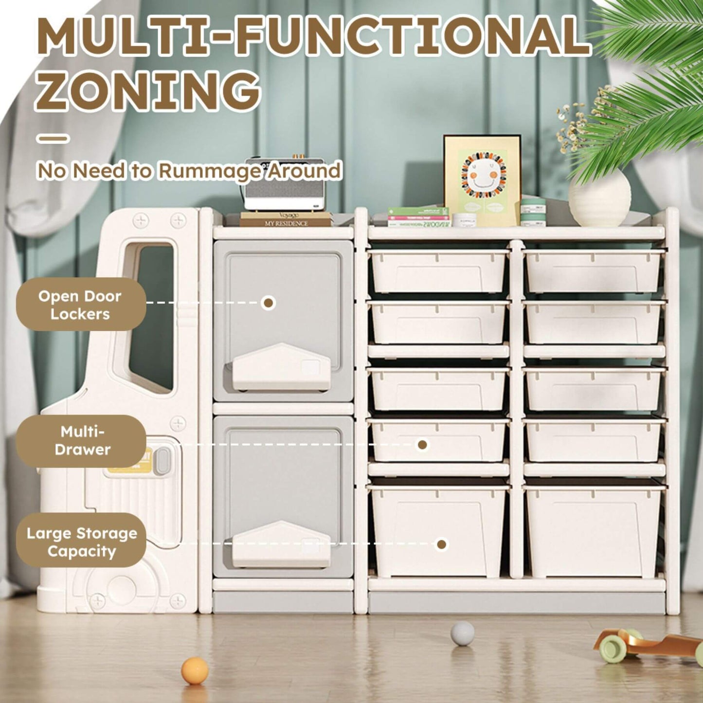MONTARY Children’s Toy Storage Cabinet - Gray, labeled for multi-functional zoning.
