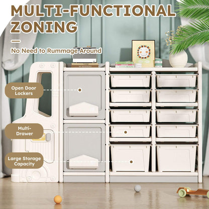 MONTARY Children’s Toy Storage Cabinet - Gray, labeled for multi-functional zoning.