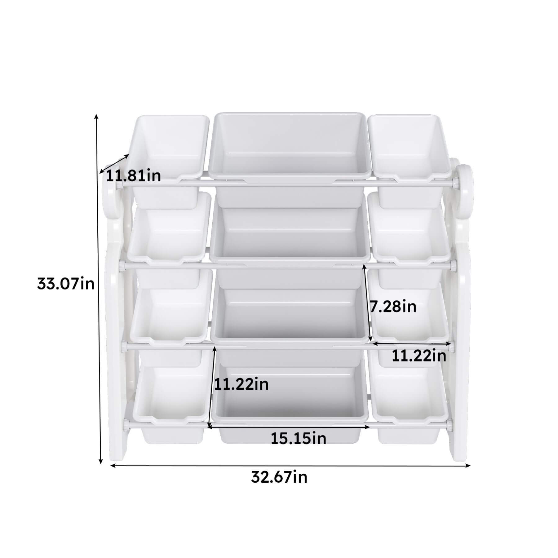 MONTARY Multi-Functional Kids Toy Storage - Grey White with dimensions labeled on a white background