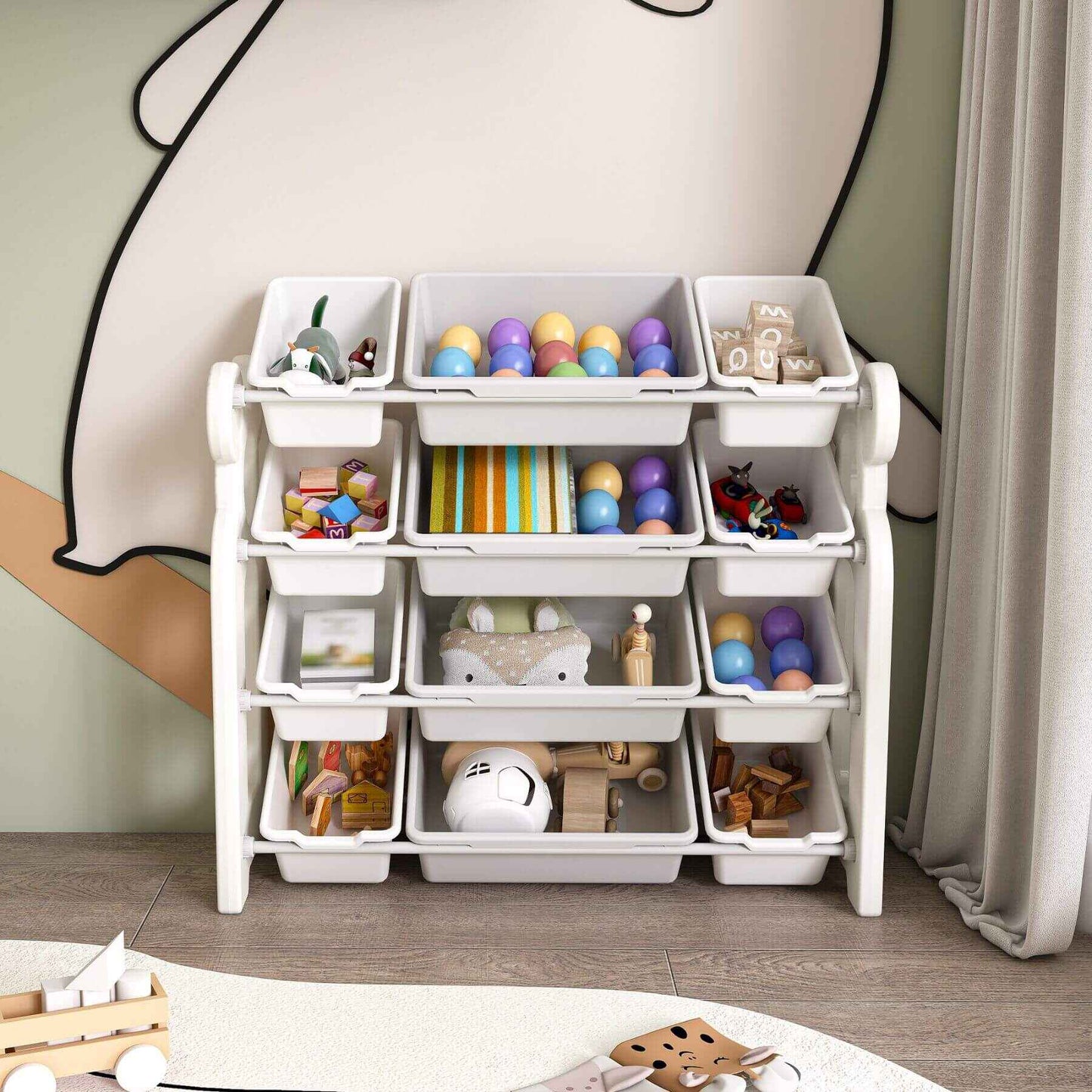 MONTARY Multi-Functional Kids Toy Storage - Grey White with colorful toys in a room setting