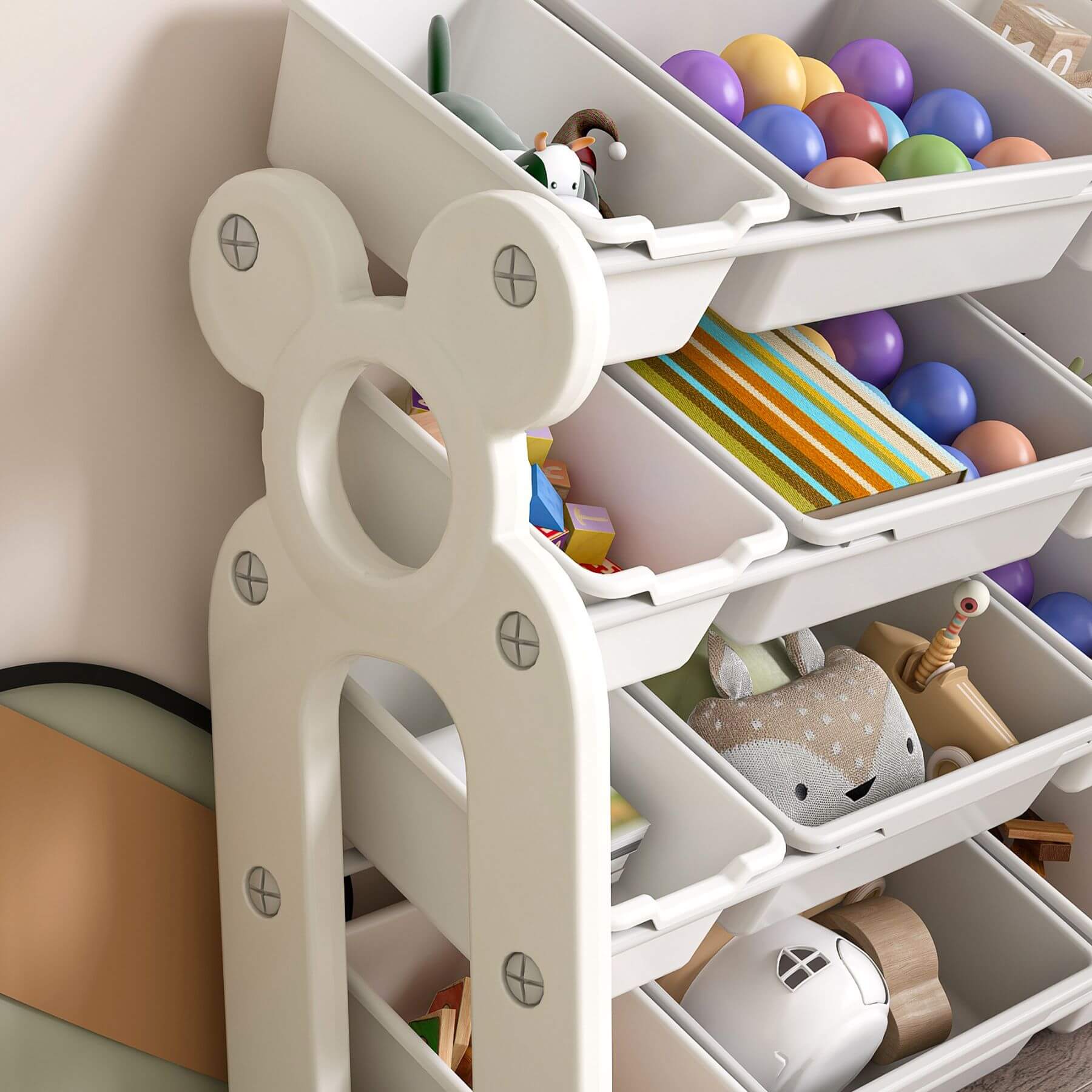 MONTARY Multi-Functional Kids Toy Storage - Grey White with various toys including balls and plush items.