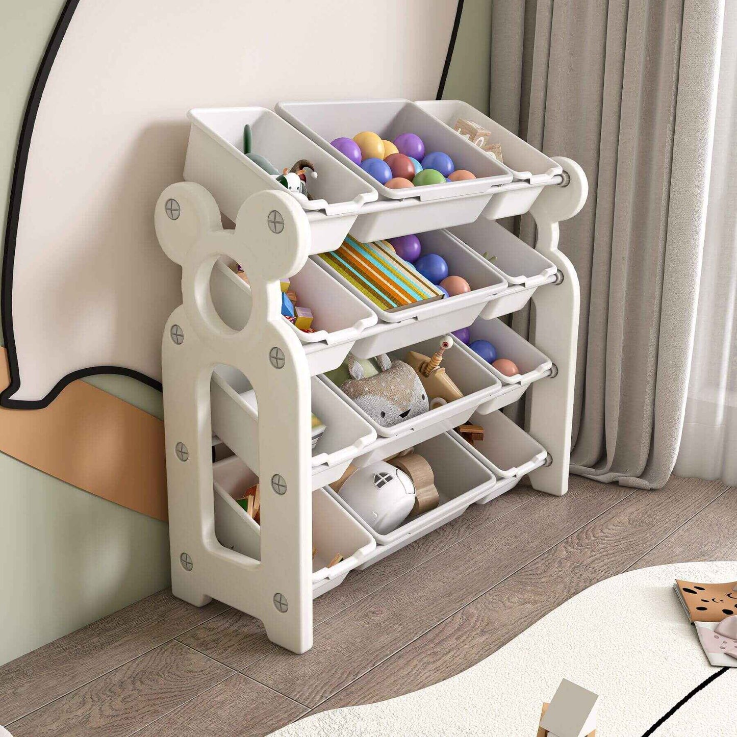 MONTARY Multi-Functional Kids Toy Storage - Grey White with various toys in a room setting