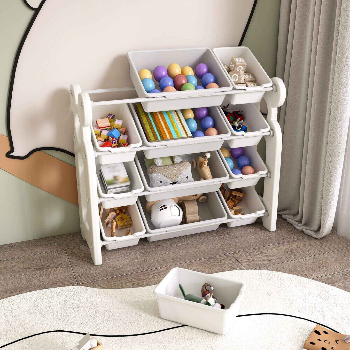 MONTARY Multi-Functional Kids Toy Storage - Grey White with various toys on a wooden floor.