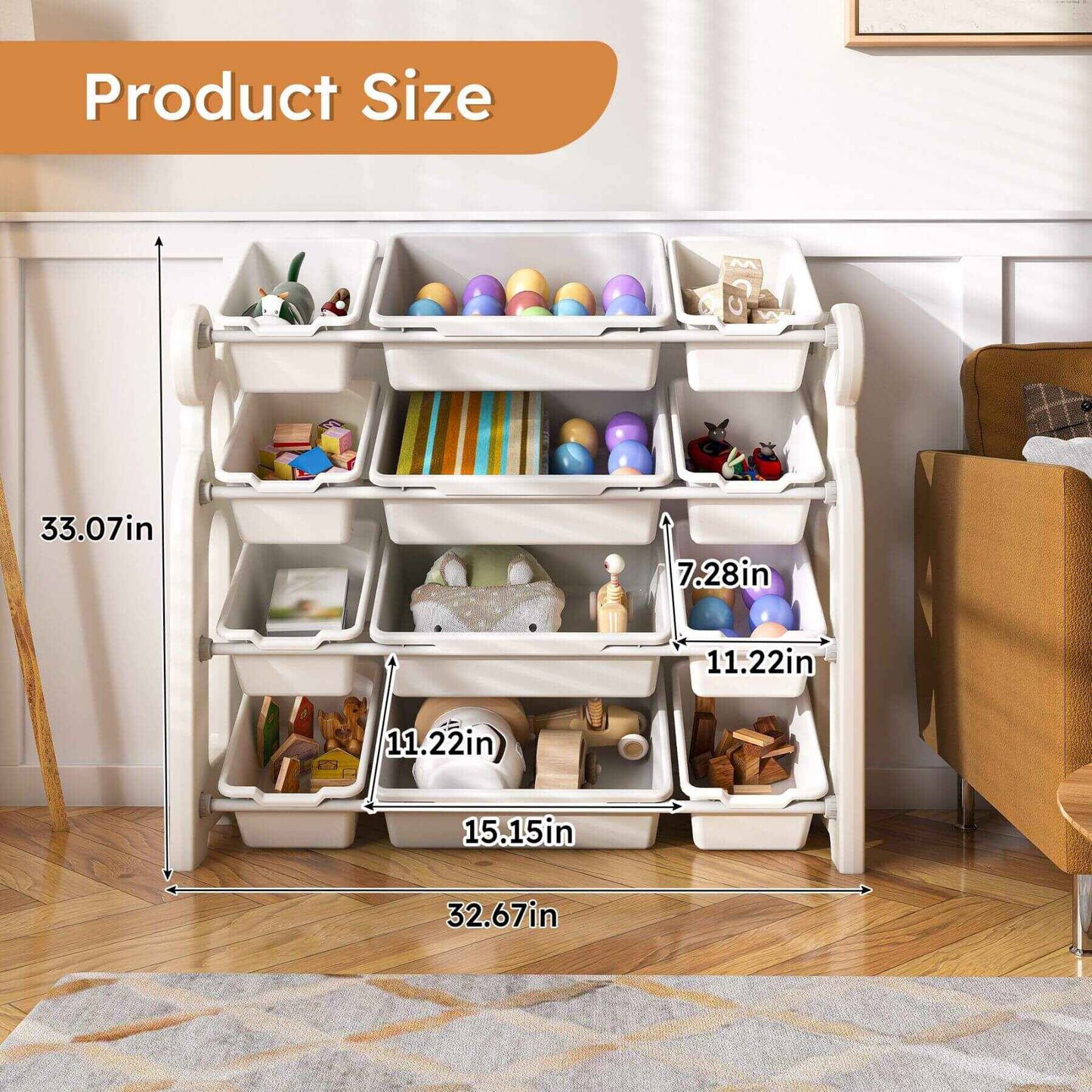 MONTARY Multi-Functional Kids Toy Storage - Grey White with toys and dimensions labeled in a room setting.