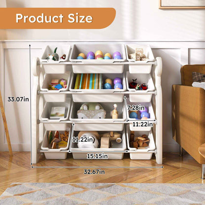 MONTARY Multi-Functional Kids Toy Storage - Grey White with toys and dimensions labeled in a room setting.