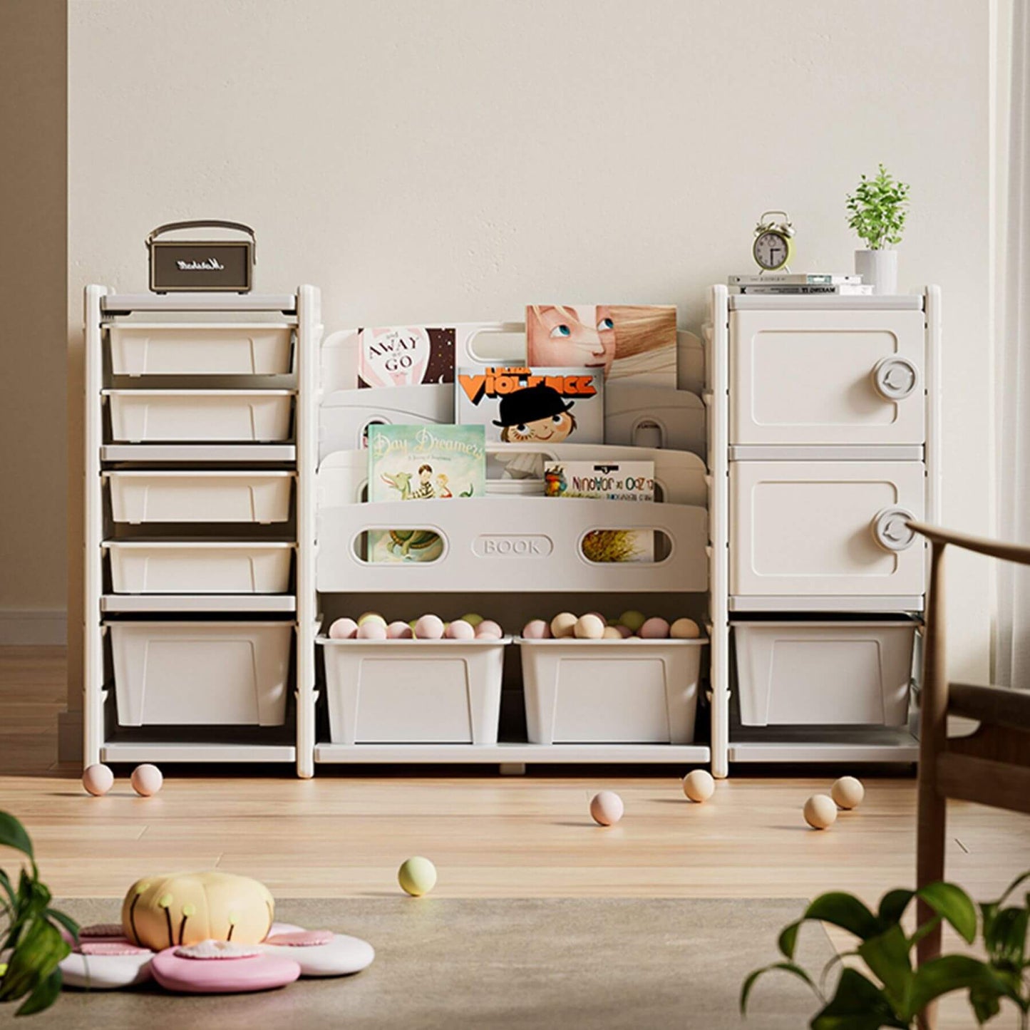 Children's playroom with MONTARY Kids Toy Storage Organizer w/ 8 Removable Toy Bins - Ivory, books, and toys on a wooden floor.