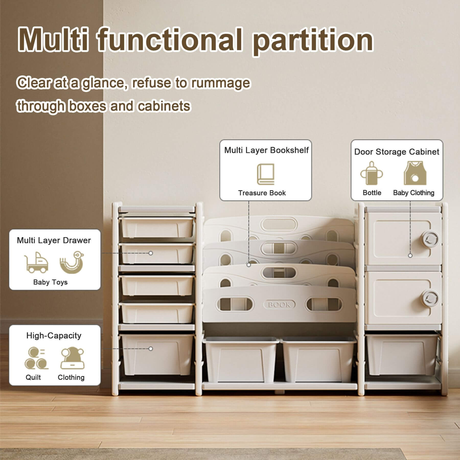 MONTARY Kids Toy Storage Organizer w/ 8 Removable Toy Bins - Ivory with various compartments on a wooden floor.