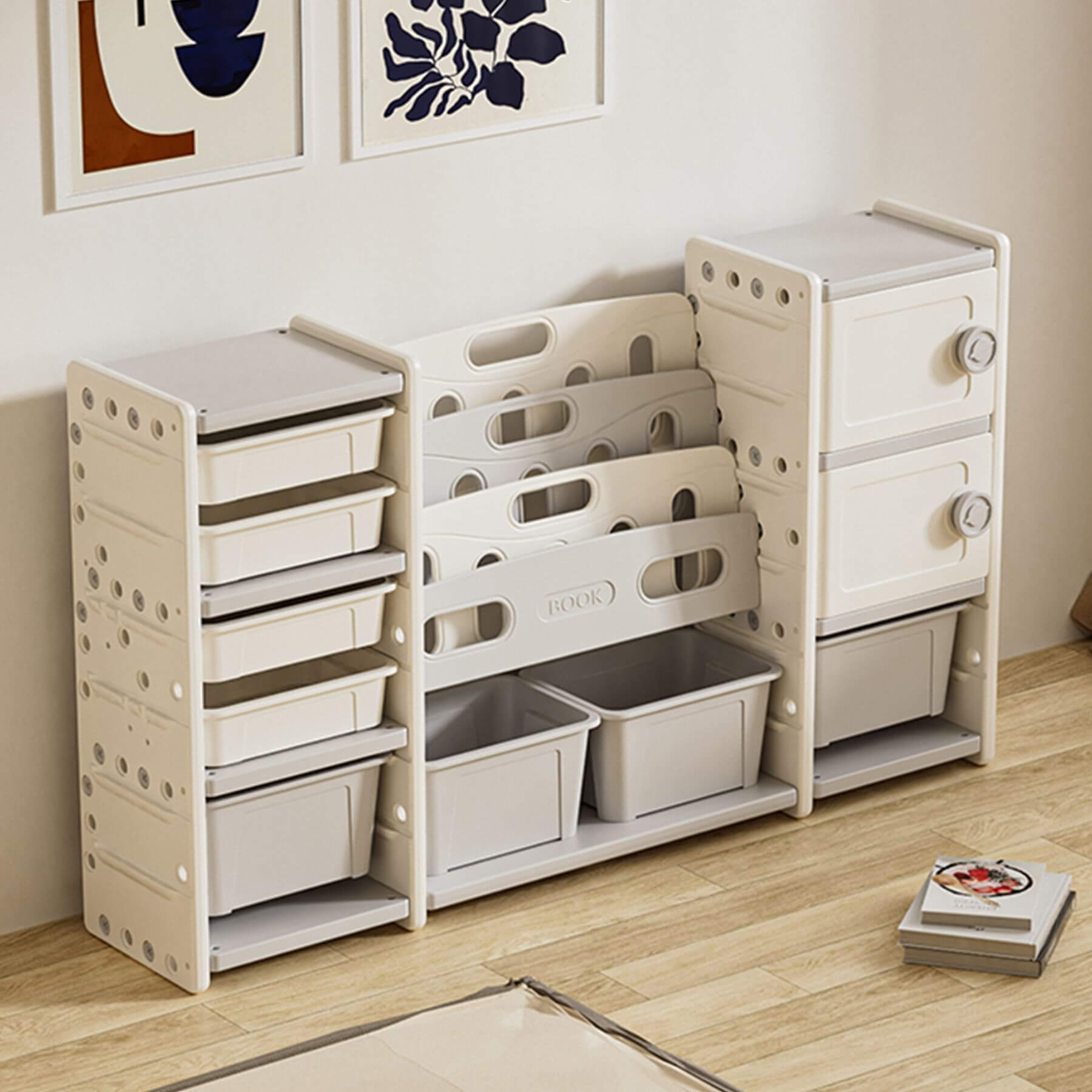 MONTARY Kids Toy Storage Organizer w/ 8 Removable Toy Bins - Ivory in a room setting