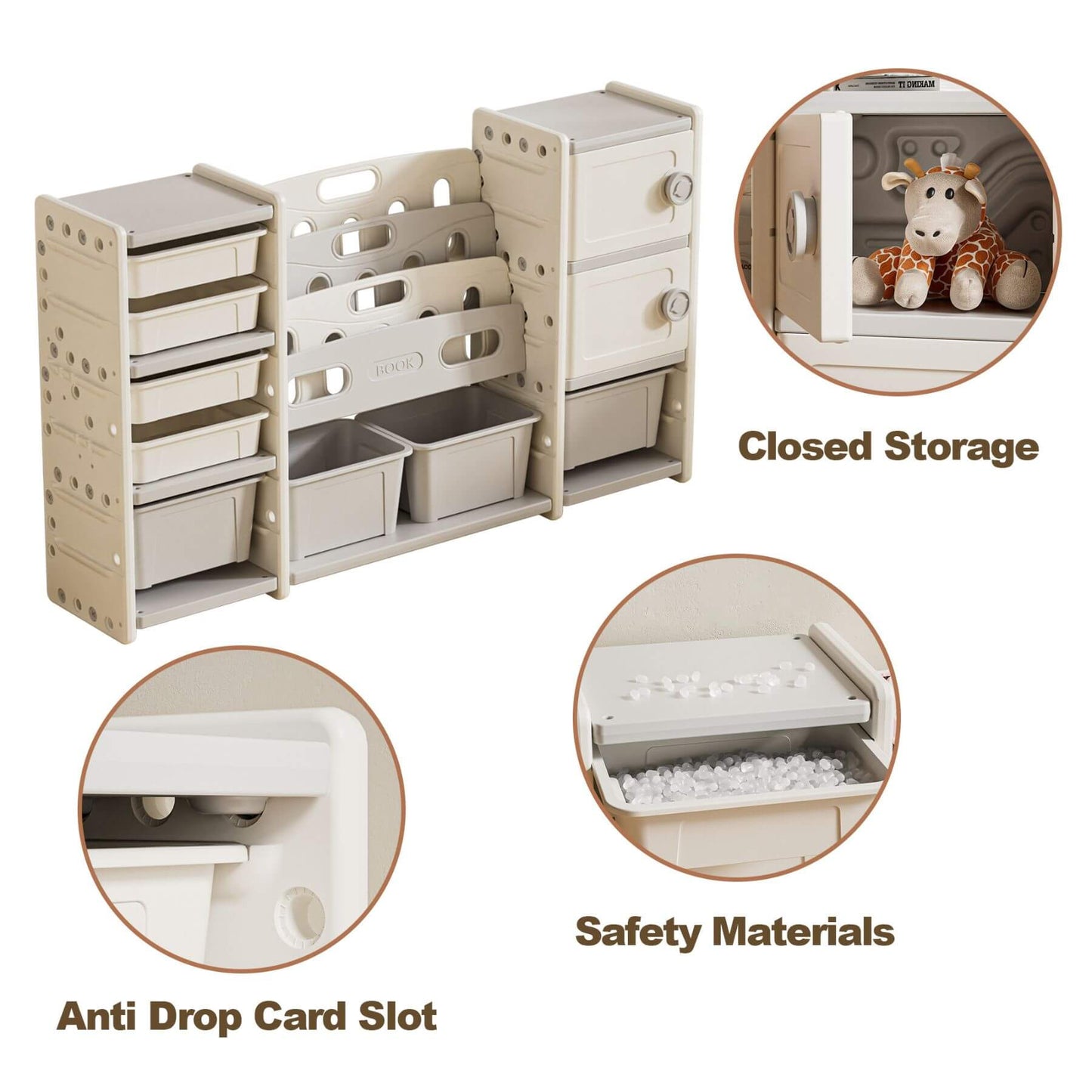 MONTARY Kids Toy Storage Organizer w/ 8 Removable Toy Bins - Ivory and safety features, shown with close-ups of features.