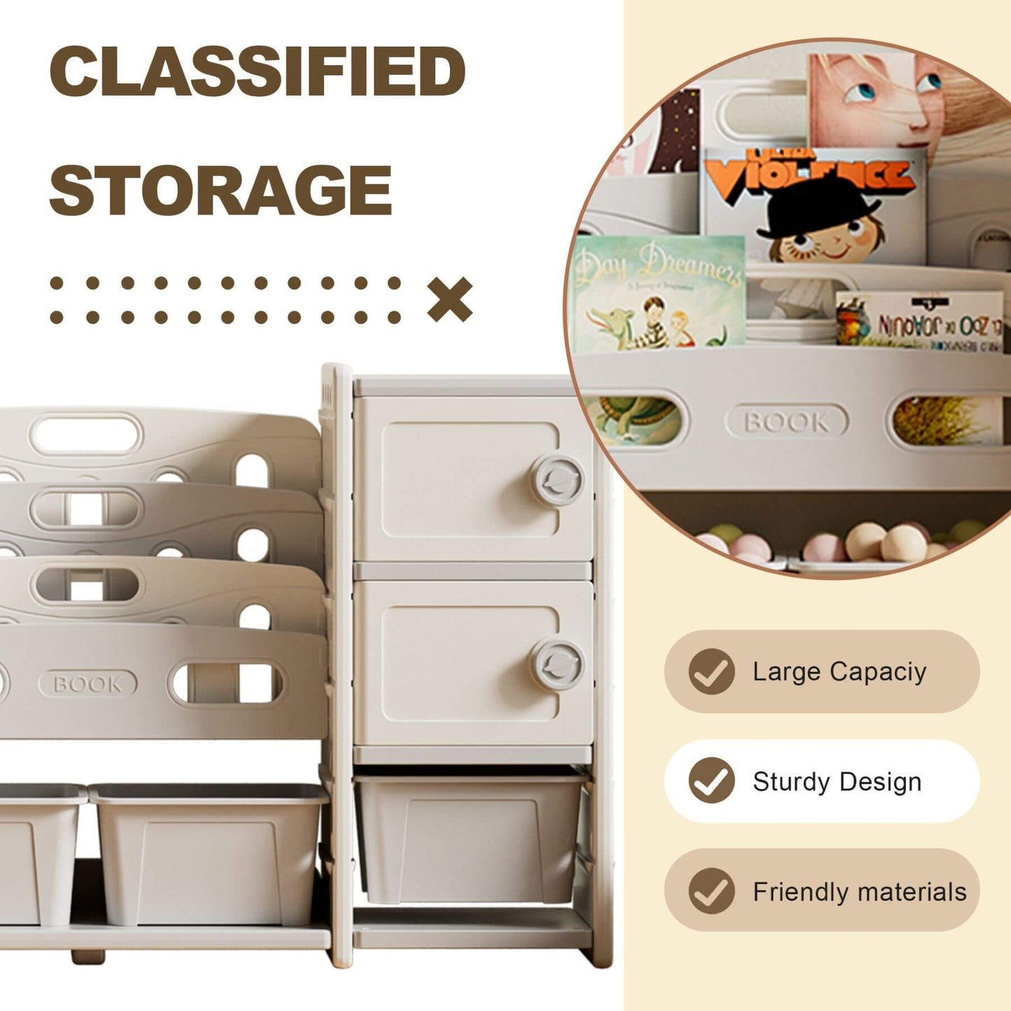 MONTARY Kids Toy Storage Organizer w/ 8 Removable Toy Bins - Ivory, featuring a close-up of books and toys, with text highlighting features.