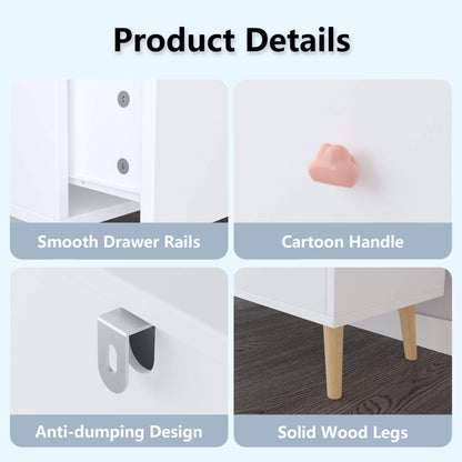 Product details of a children's dresser with smooth drawer rails, cartoon handle, anti-dumping design, and solid wood legs.