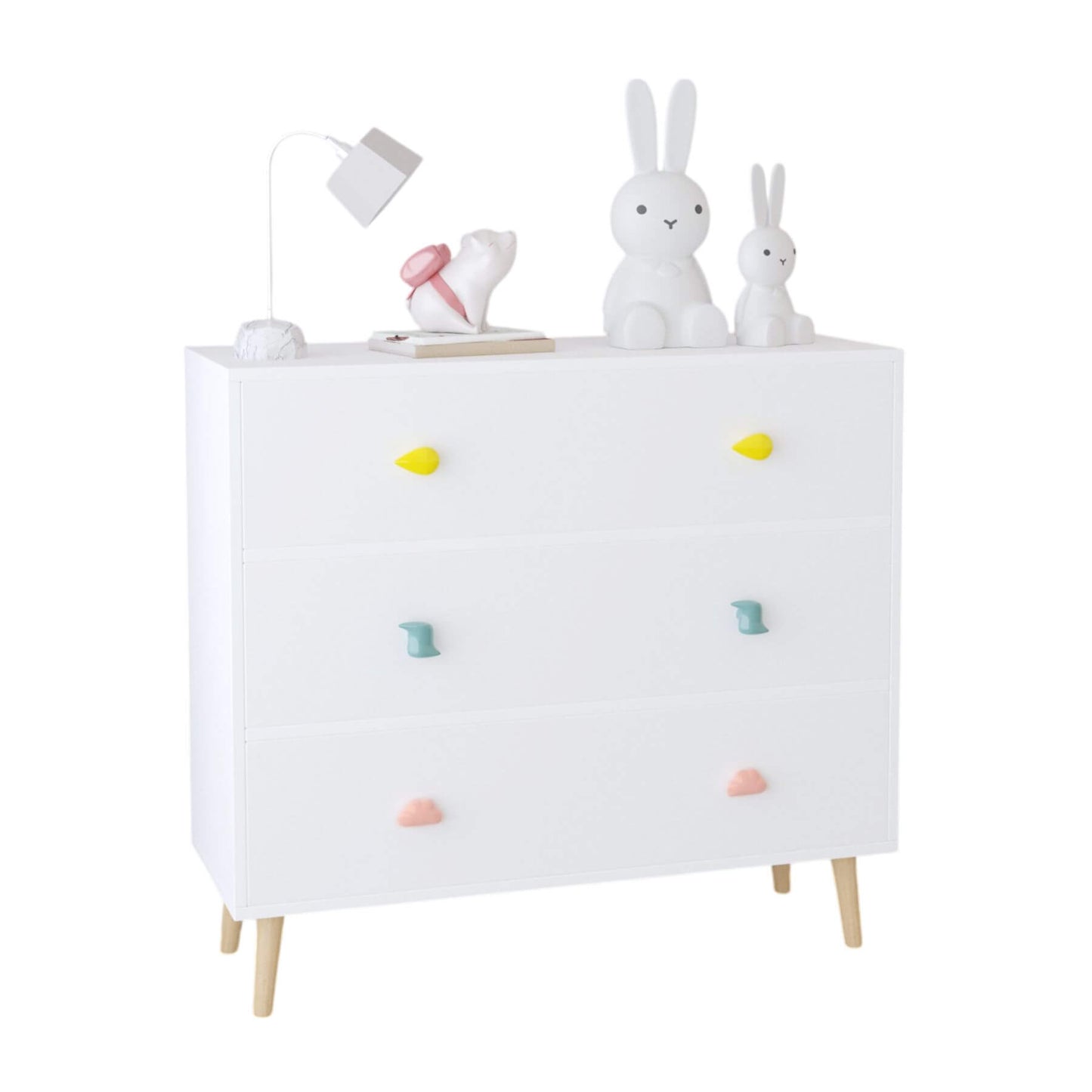 White children's dresser with decorative elements on a white background
