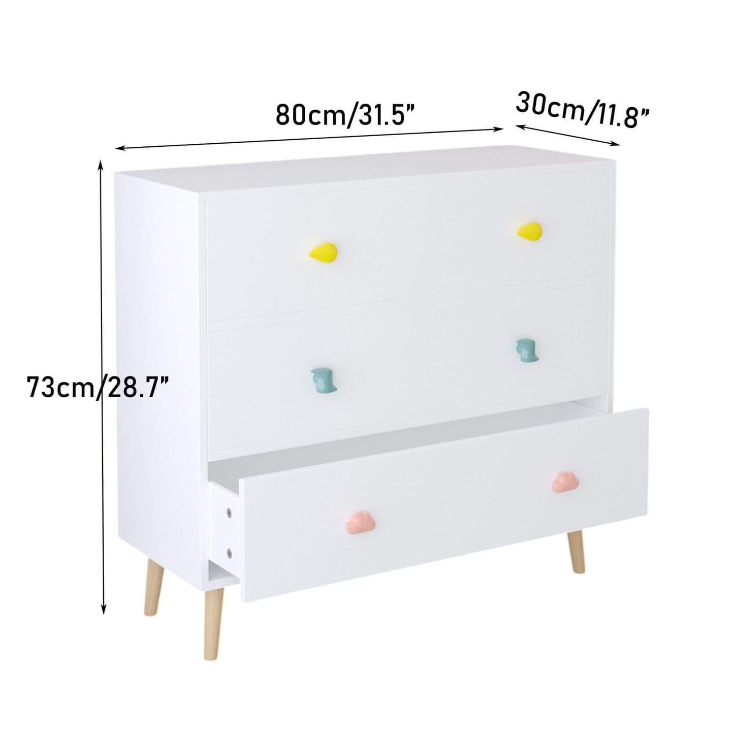 MOONRIVER Kids 3 Drawer Dresser - White and dimensions labeled on a white background