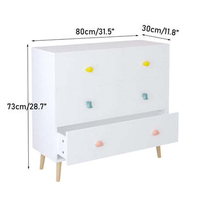 MOONRIVER Kids 3 Drawer Dresser - White and dimensions labeled on a white background