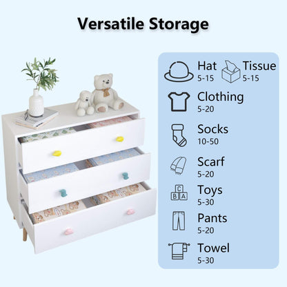 White dresser with open drawers and decorative items on top, with a chart indicating storage capacity for various items.