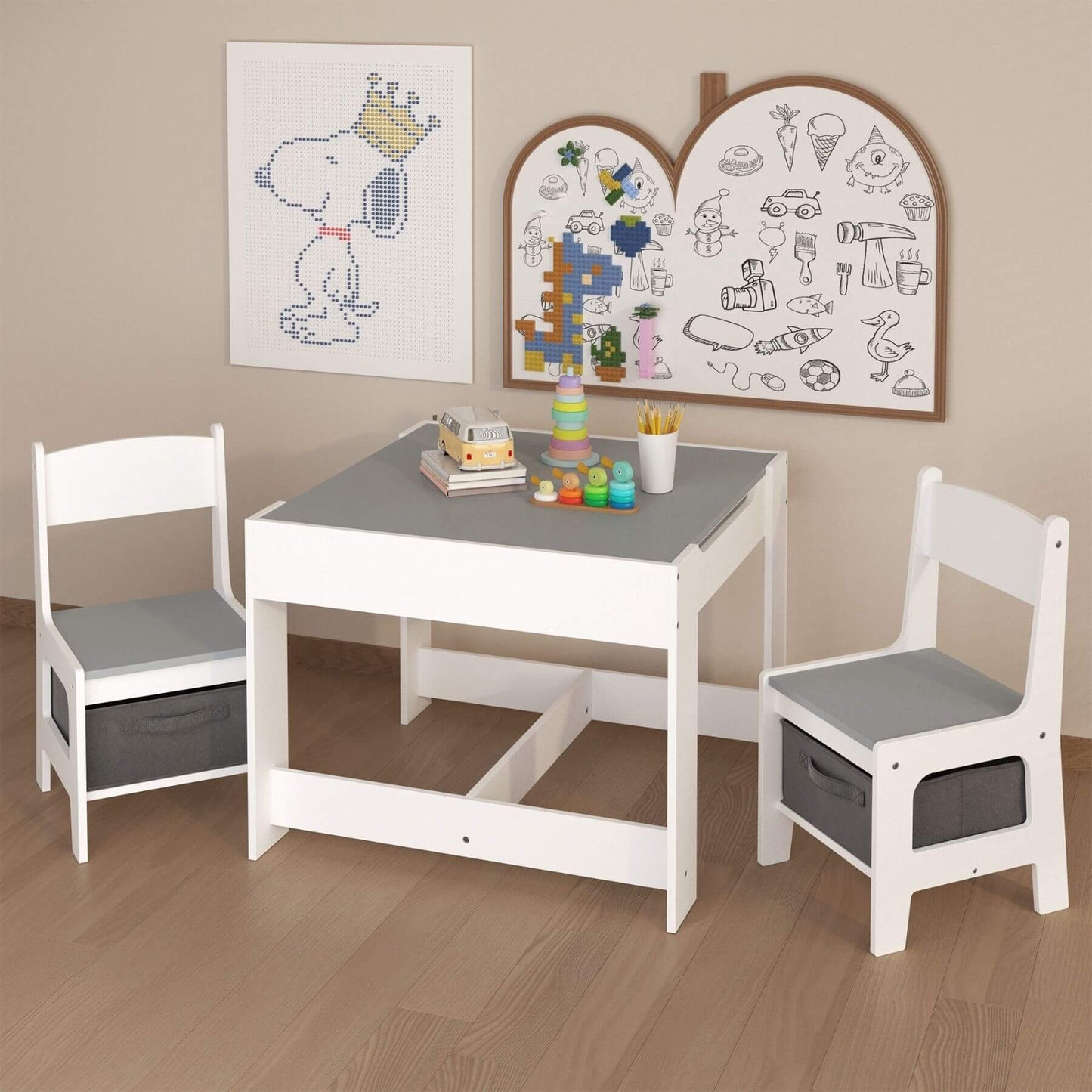 MOONRIVER 3-in-1 Wooden Activity Table - Gray with toys on a wooden floor, featuring a wall with children's drawings.