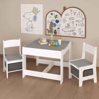 MOONRIVER 3-in-1 Wooden Activity Table - Gray with toys on a wooden floor, featuring a wall with children's drawings.