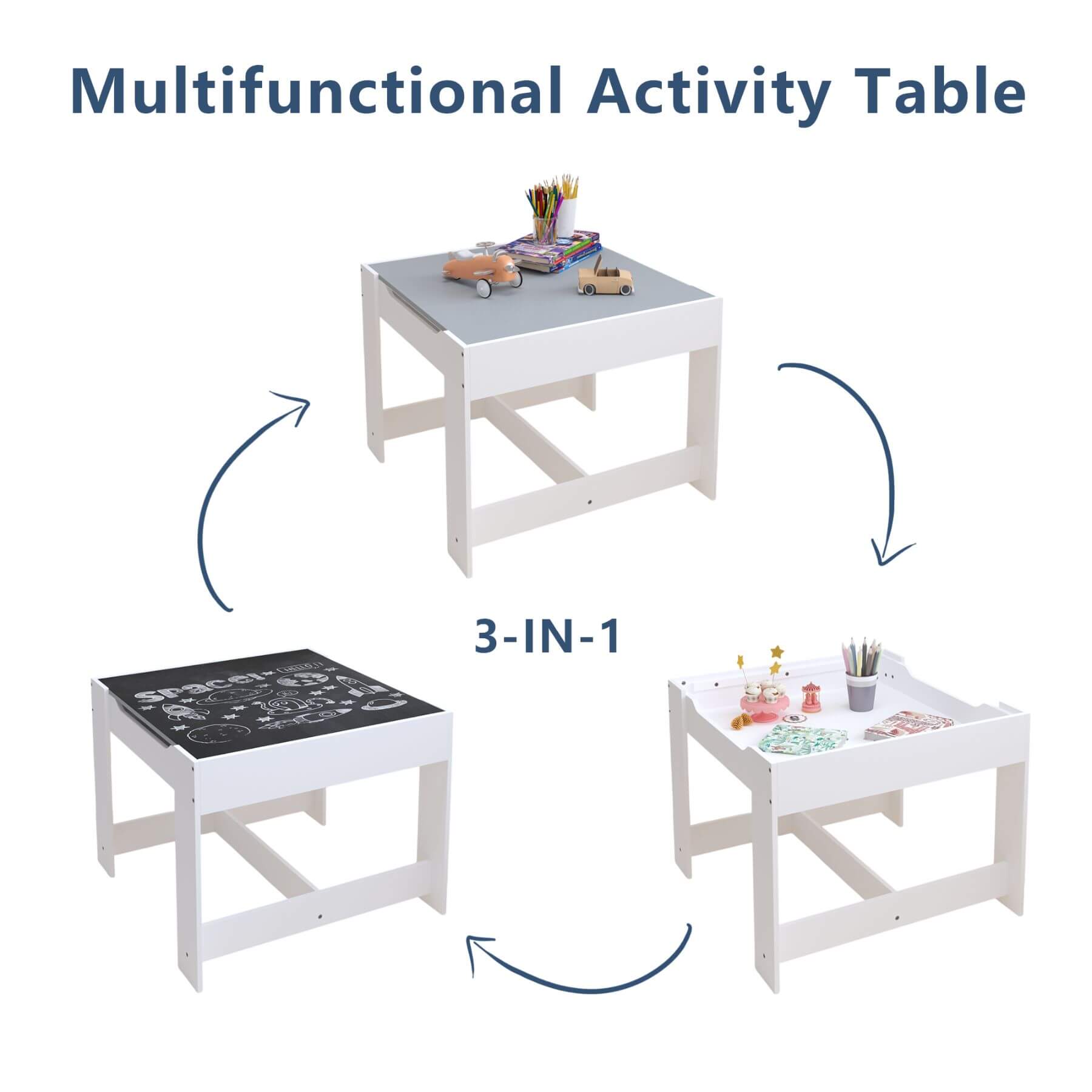 Multifunctional activity table with different uses on a white background