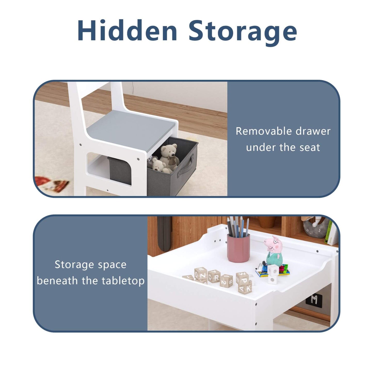 Children's chair with hidden storage features, including a removable drawer and storage space beneath the tabletop.