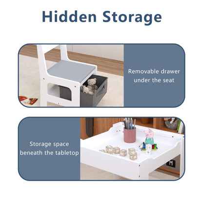 Children's chair with hidden storage features, including a removable drawer and storage space beneath the tabletop.