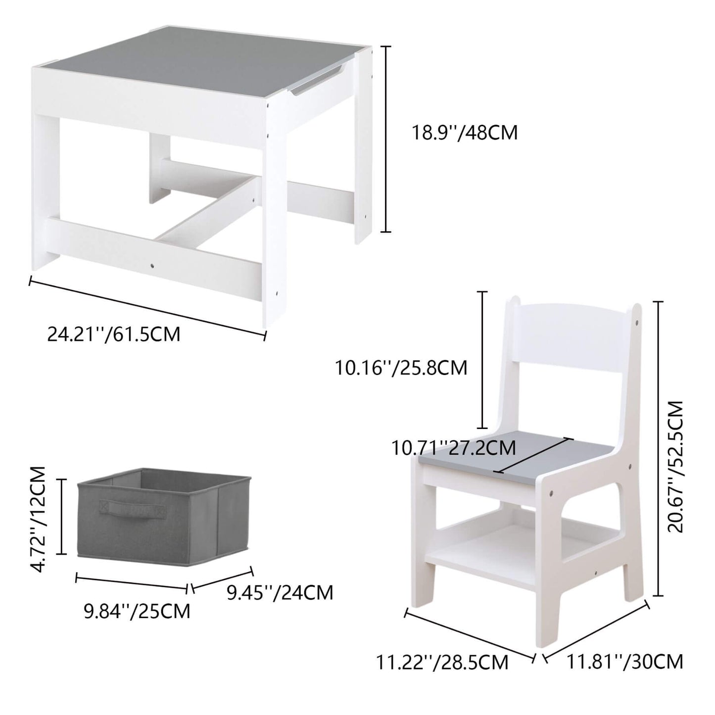 Children's desk, chair, and storage box with dimensions on a white background