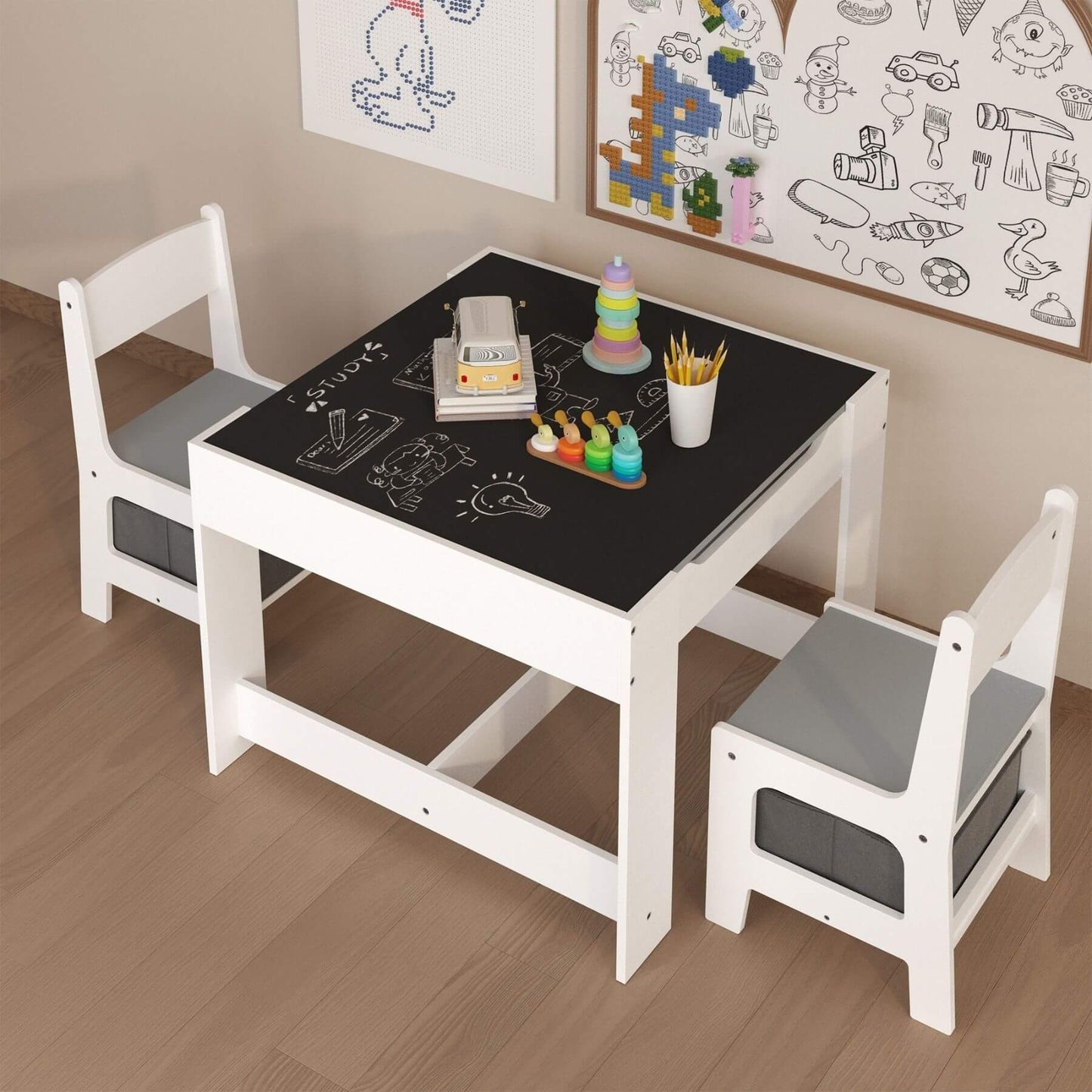 MOONRIVER 3-in-1 Wooden Activity Table - Gray with a black chalkboard surface in a room with educational posters on the wall.