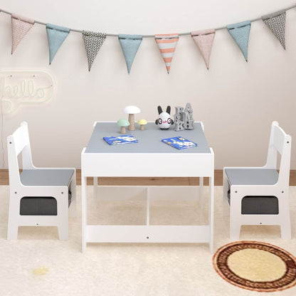 MOONRIVER 3-in-1 Wooden Activity Table - Gray with toys on a light-colored floor and wall.