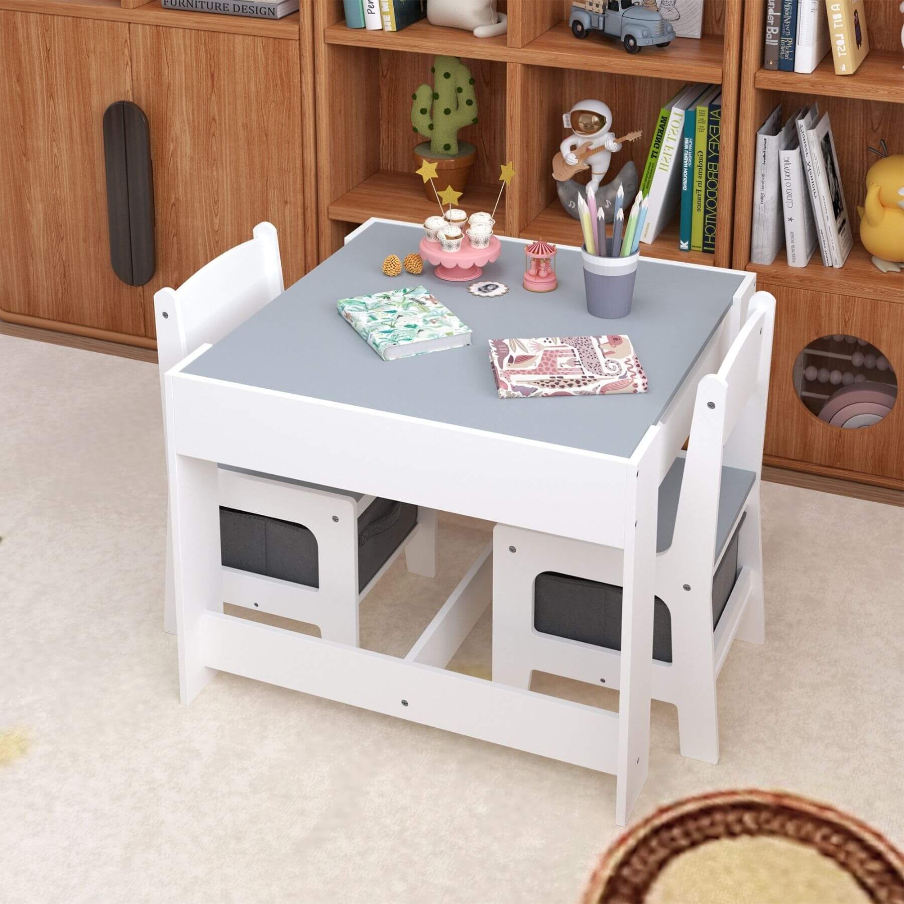 MOONRIVER 3-in-1 Wooden Activity Table - Gray with a gray top in a room with wooden shelves.