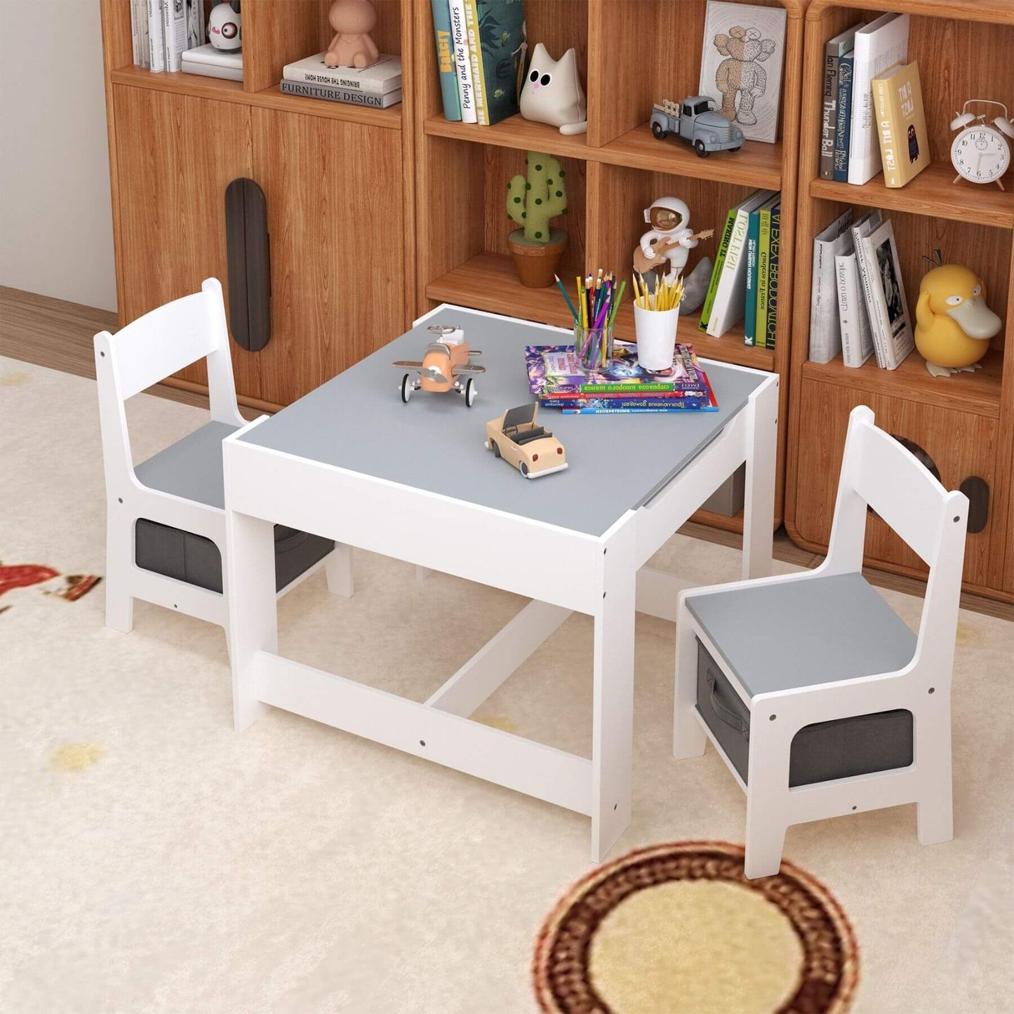 MOONRIVER 3-in-1 Wooden Activity Table - Gray with toys on a wooden floor.