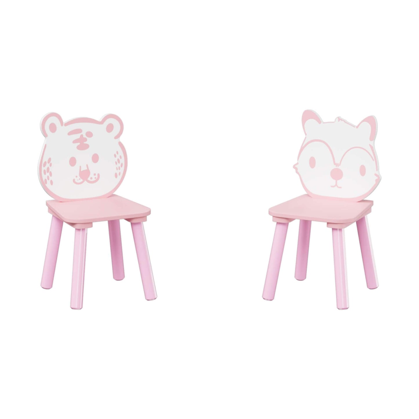Two pink children's chairs with animal faces on a white background