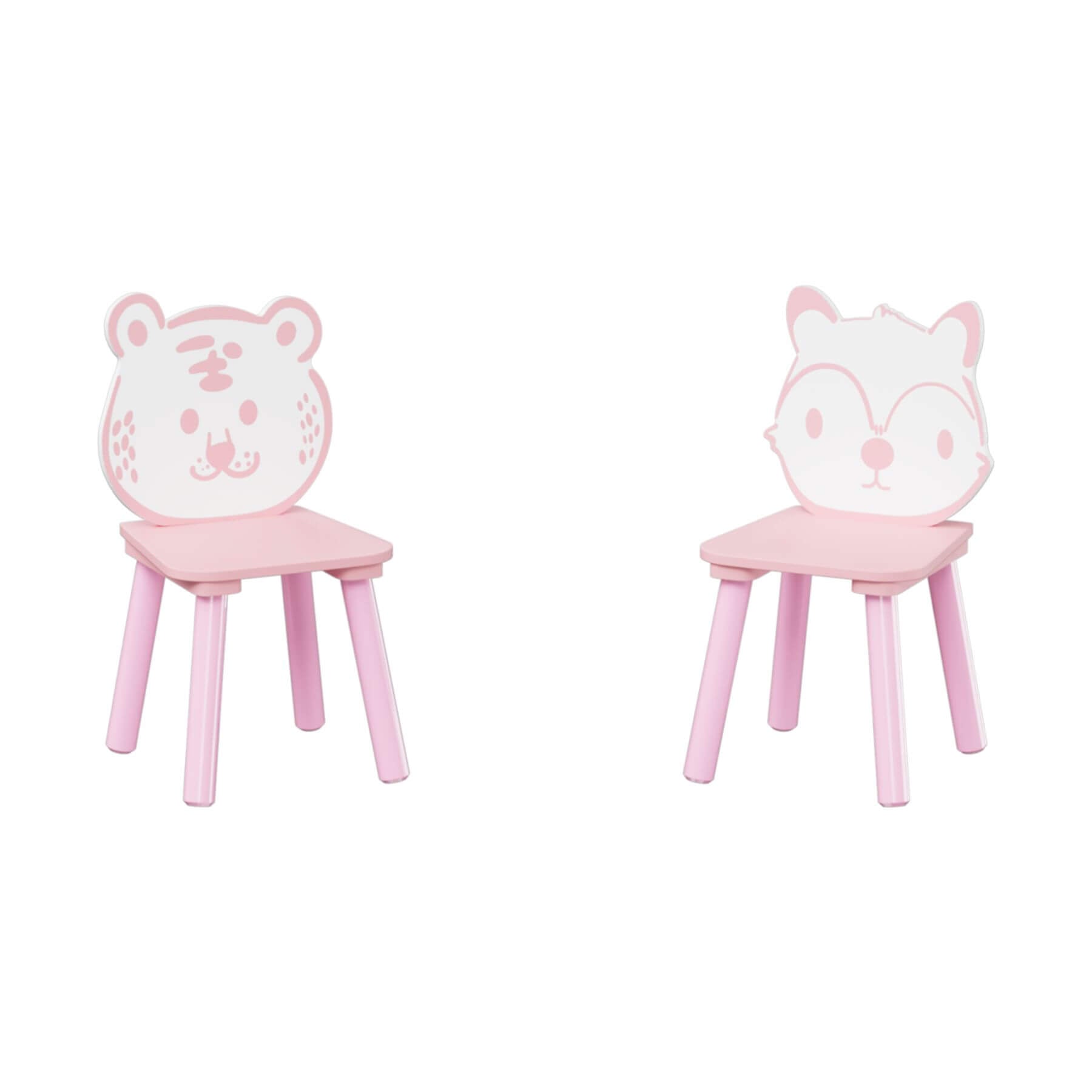 Two pink children's chairs with animal faces on a white background
