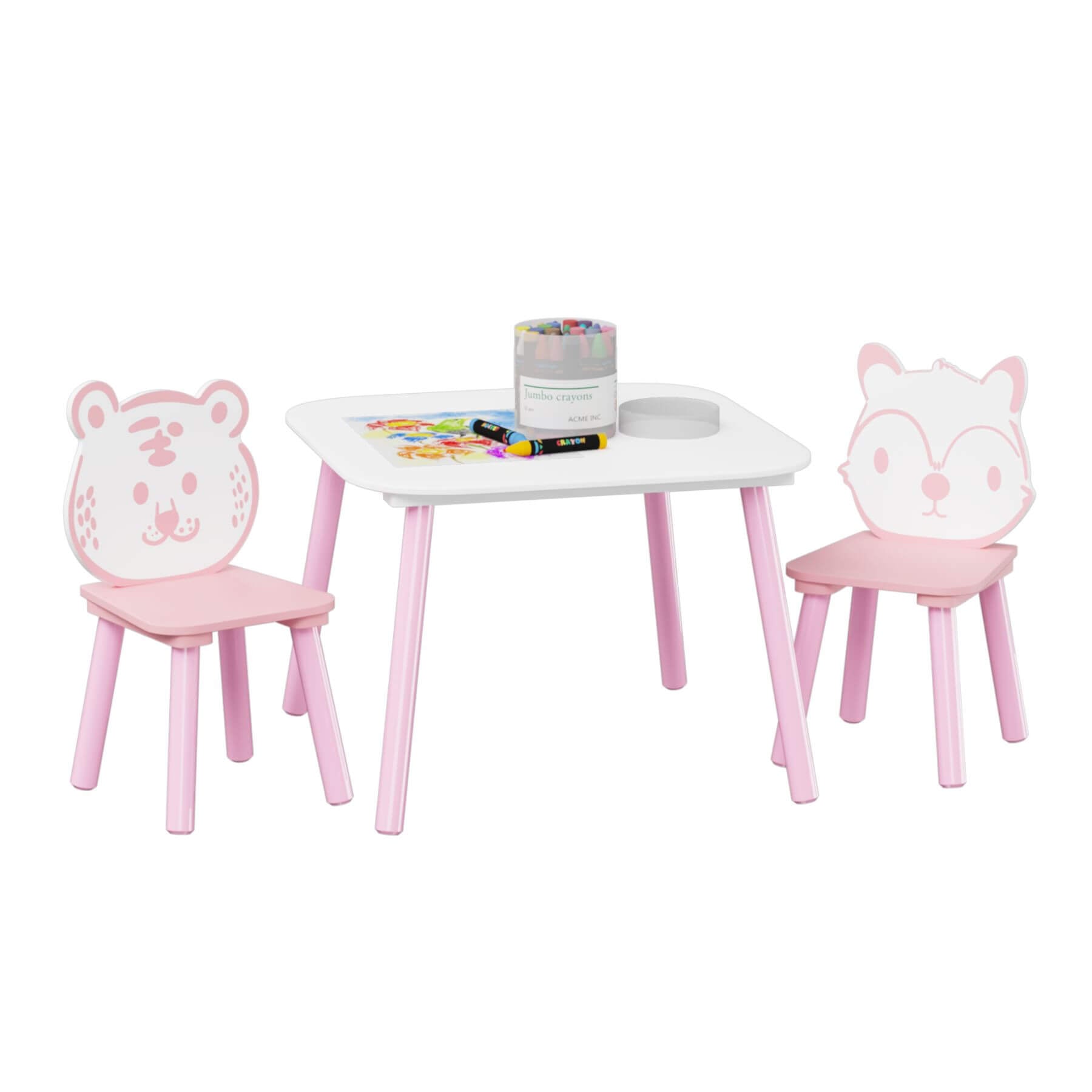 MOONRIVER 3-Piece Wooden Toddler Desk with Animal Backrest - Pink & White