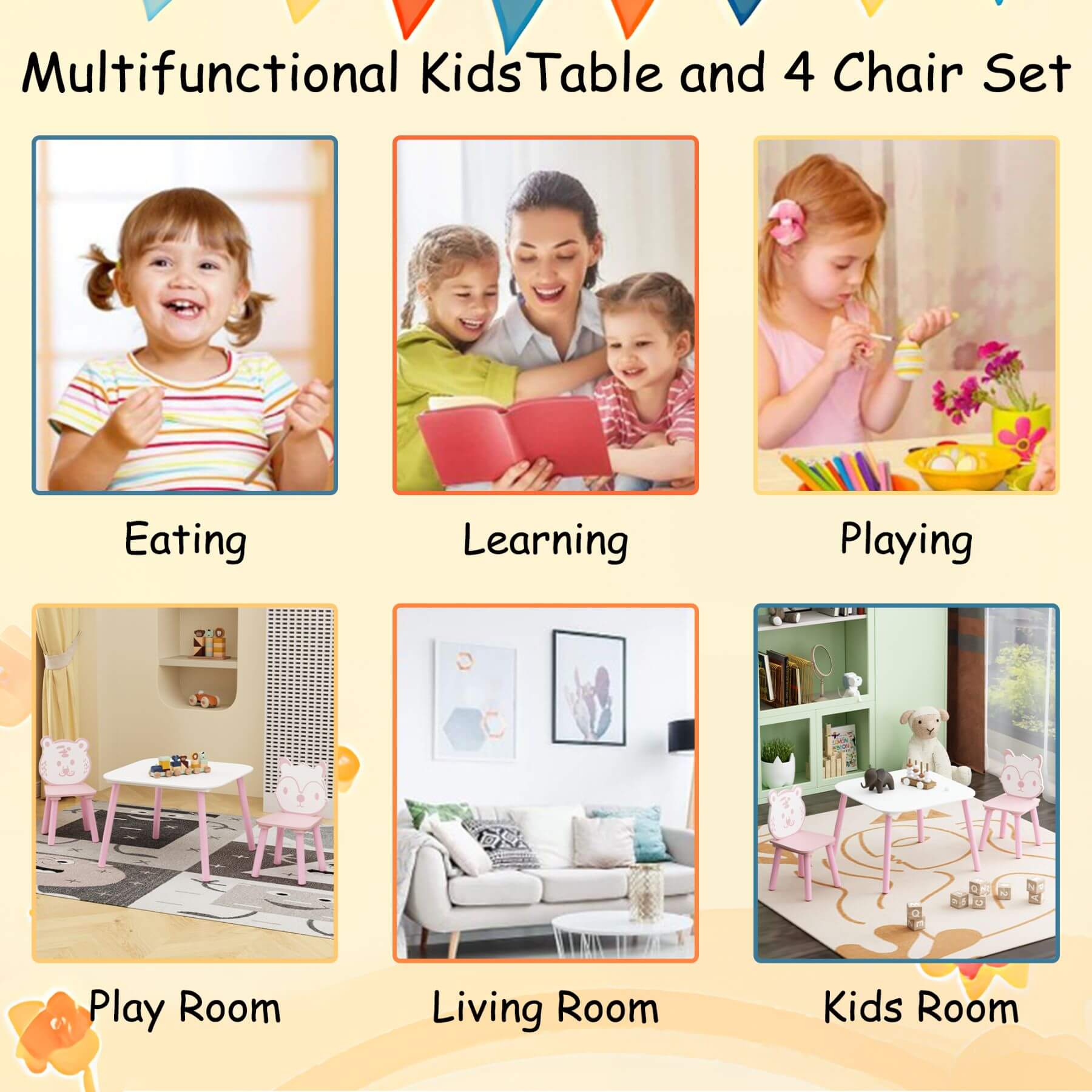 Multifunctional kids table and chair set with usage scenarios on a yellow background.