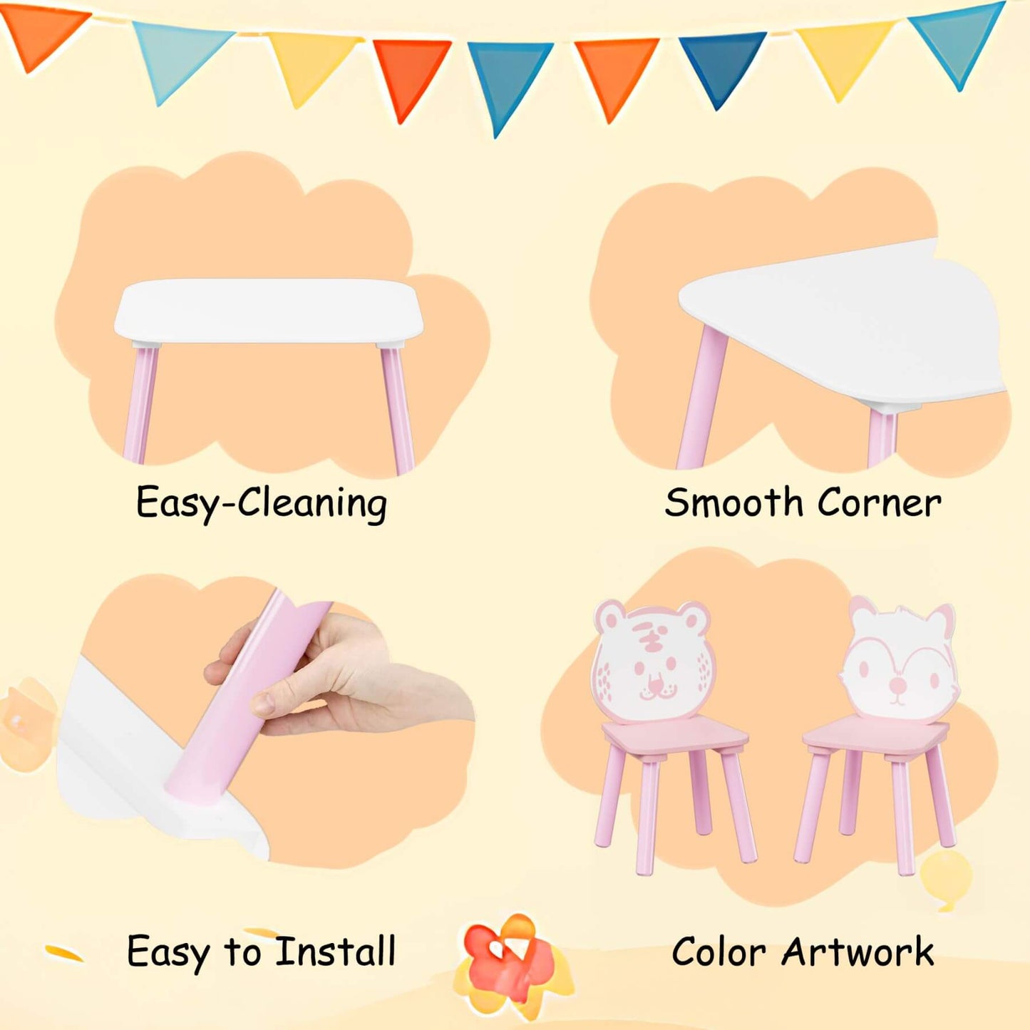MOONRIVER 3-Piece Wooden Toddler Desk with Animal Backrest - Pink & White with features highlighted on a colorful background