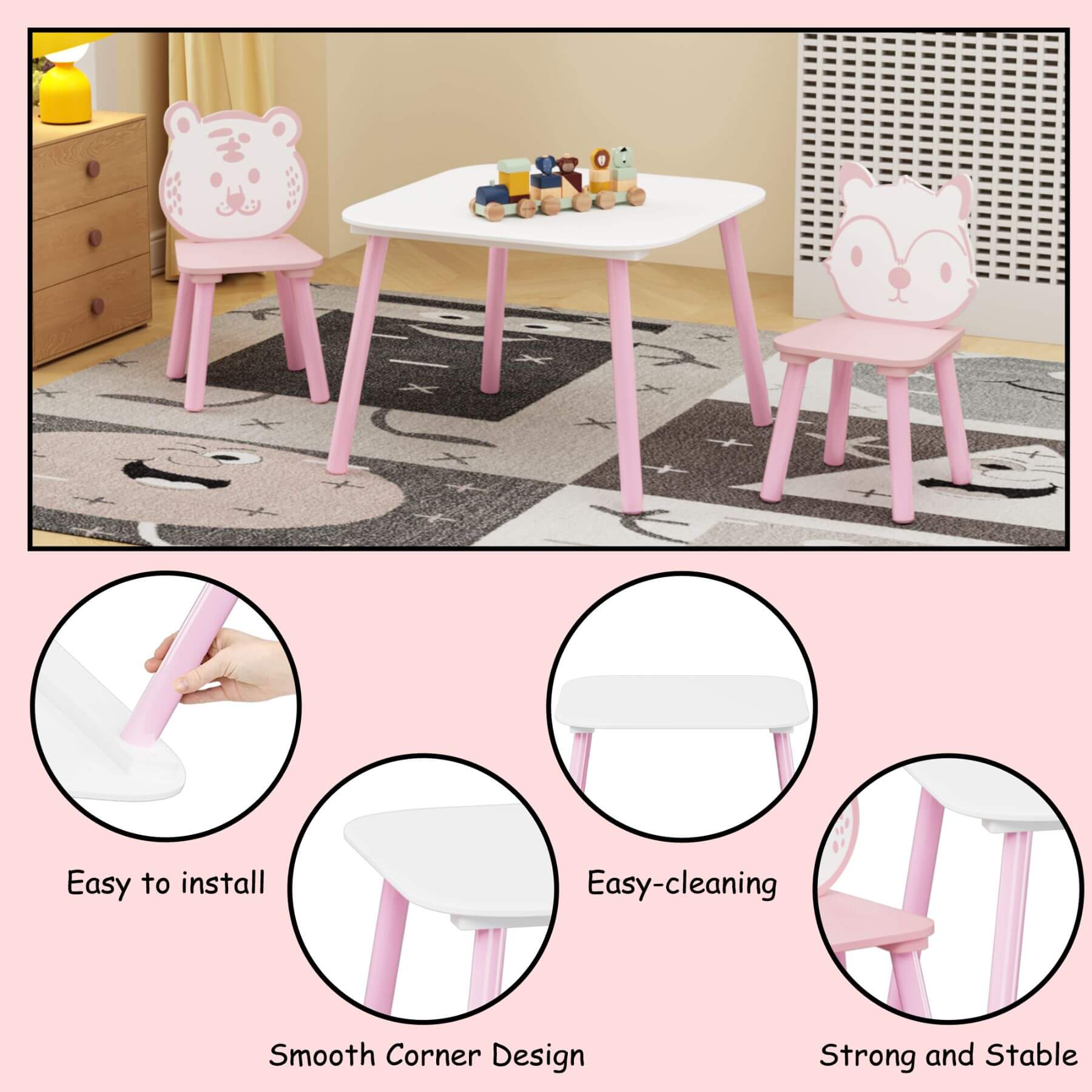 MOONRIVER 3-Piece Wooden Toddler Desk with Animal Backrest - Pink & White on a pink background.