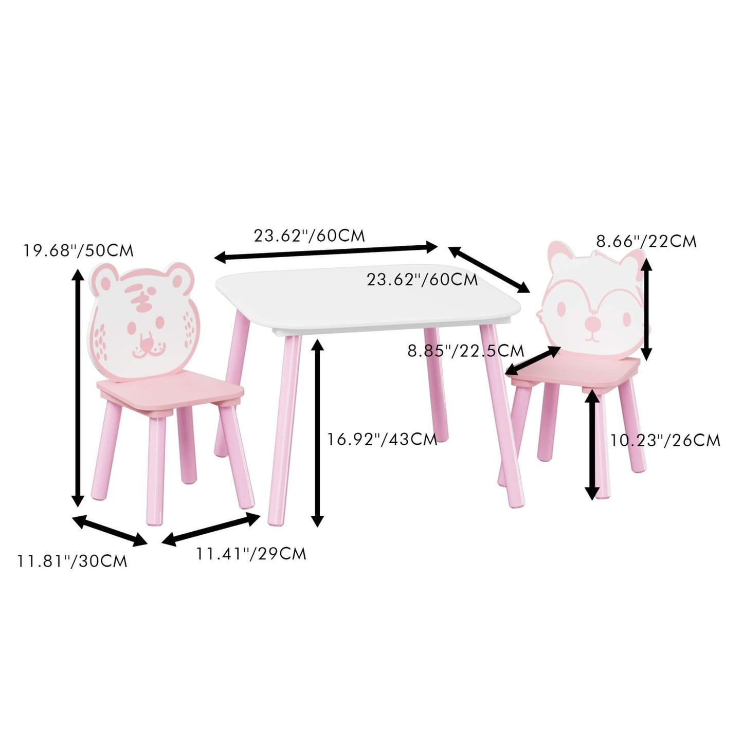 MOONRIVER 3-Piece Wooden Toddler Desk with Animal Backrest - Pink & White with dimensions