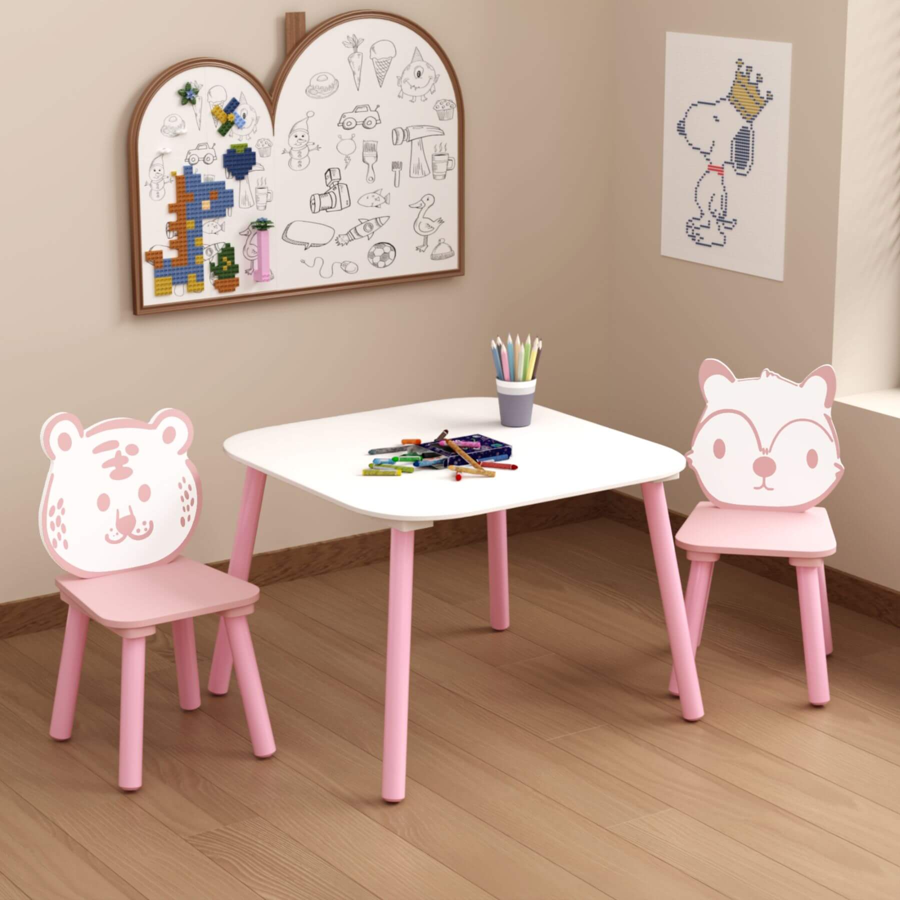 MOONRIVER 3-Piece Wooden Toddler Desk with Animal Backrest - Pink & White in a room setting.